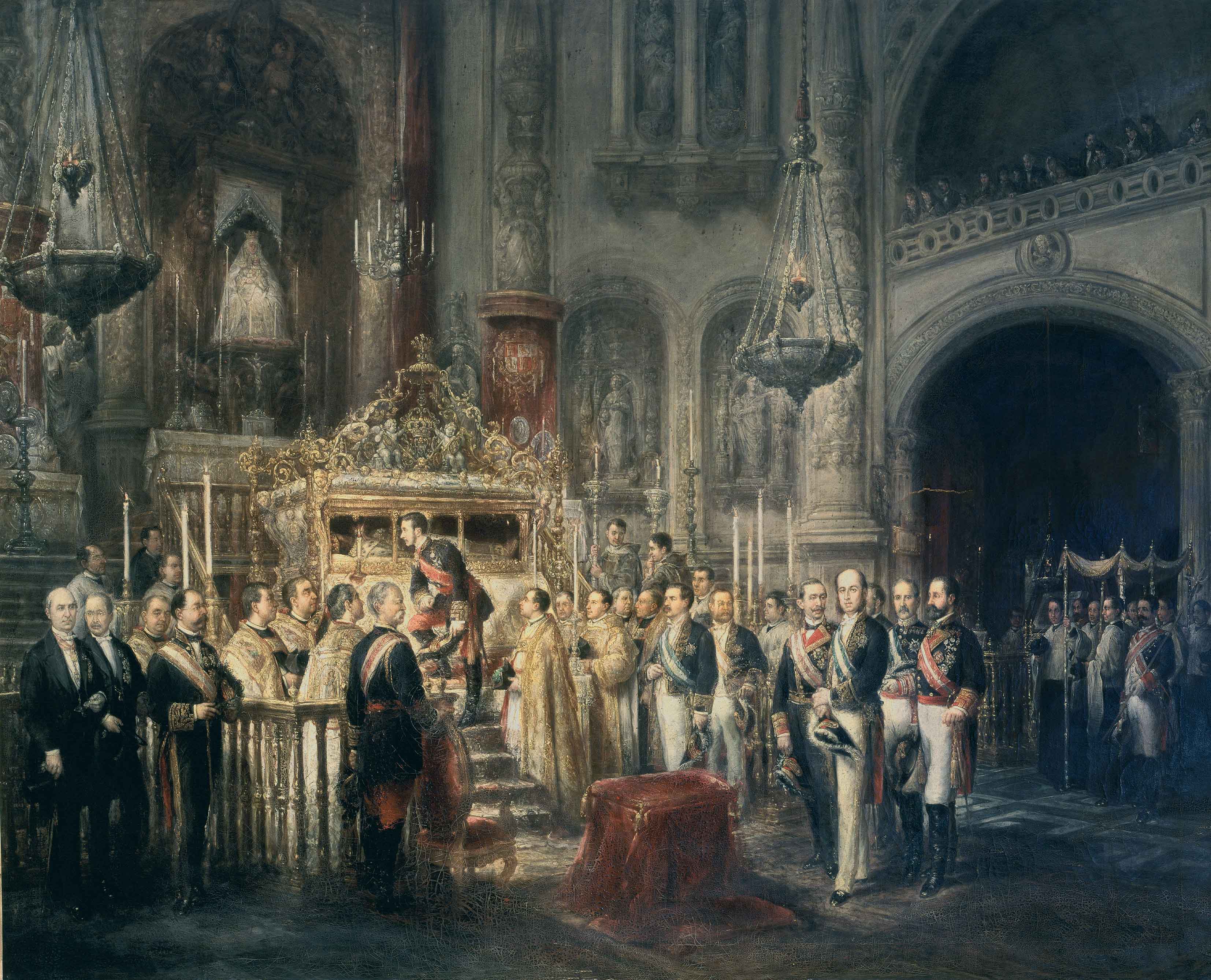 Alfonso XII venerando el cuerpo de San Fernando. Catedral de Sevilla. (Óleo de José María Romero, 1883. Ayuntamiento de Sevilla)